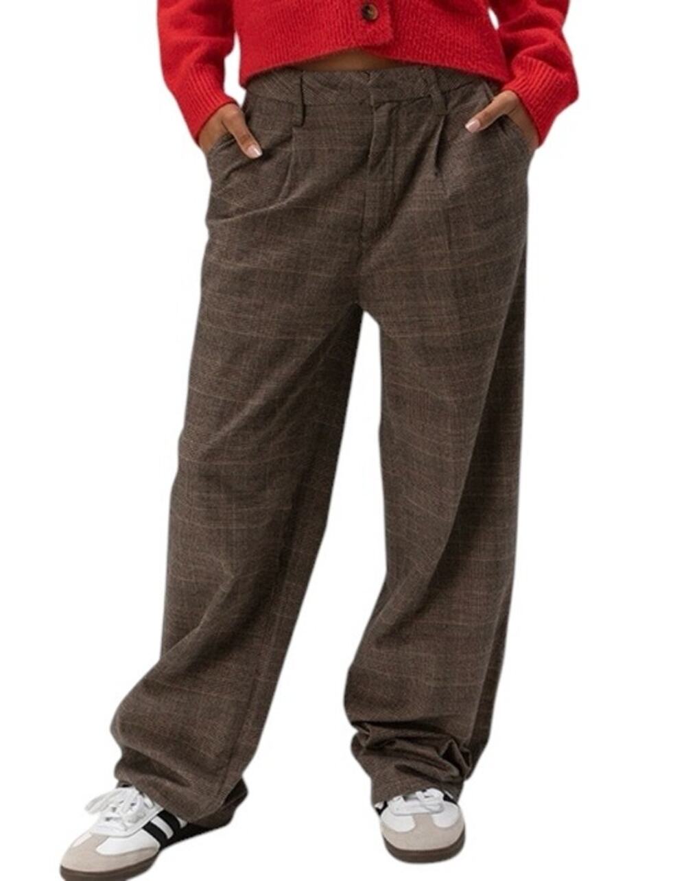 Brixton Women's Ludlow Brown Cream Plaid Retro Pleated Trouser Pants Size 29